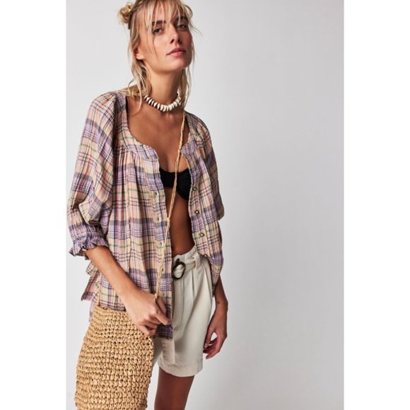 NWT-We the Free Lucy Swing Plaid Tee - Au Lait - L - Picture 1 of 6